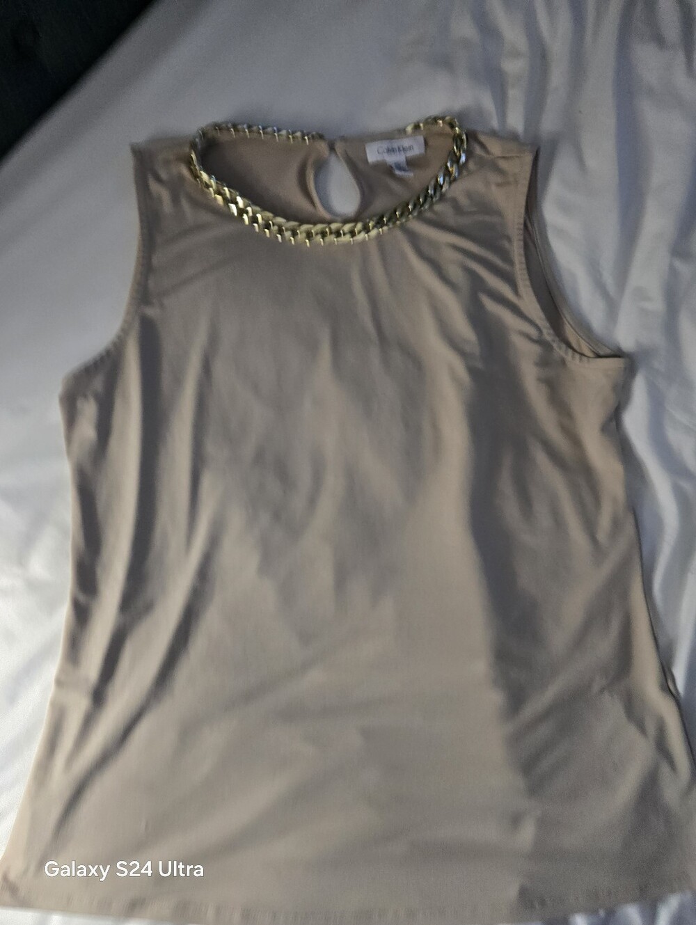 CALVIN KLEIN  Tan Sleeveless Gold Chain Accent Blouse Women's Size L